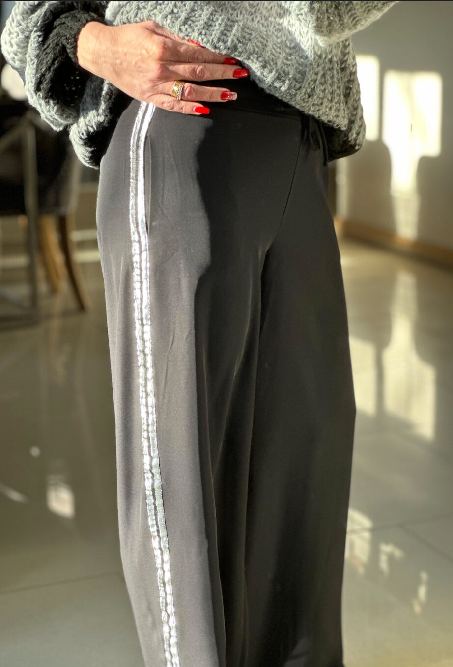 Made in Italy Black Wide Leg Side Stripe Elasticated Waist Trouser,