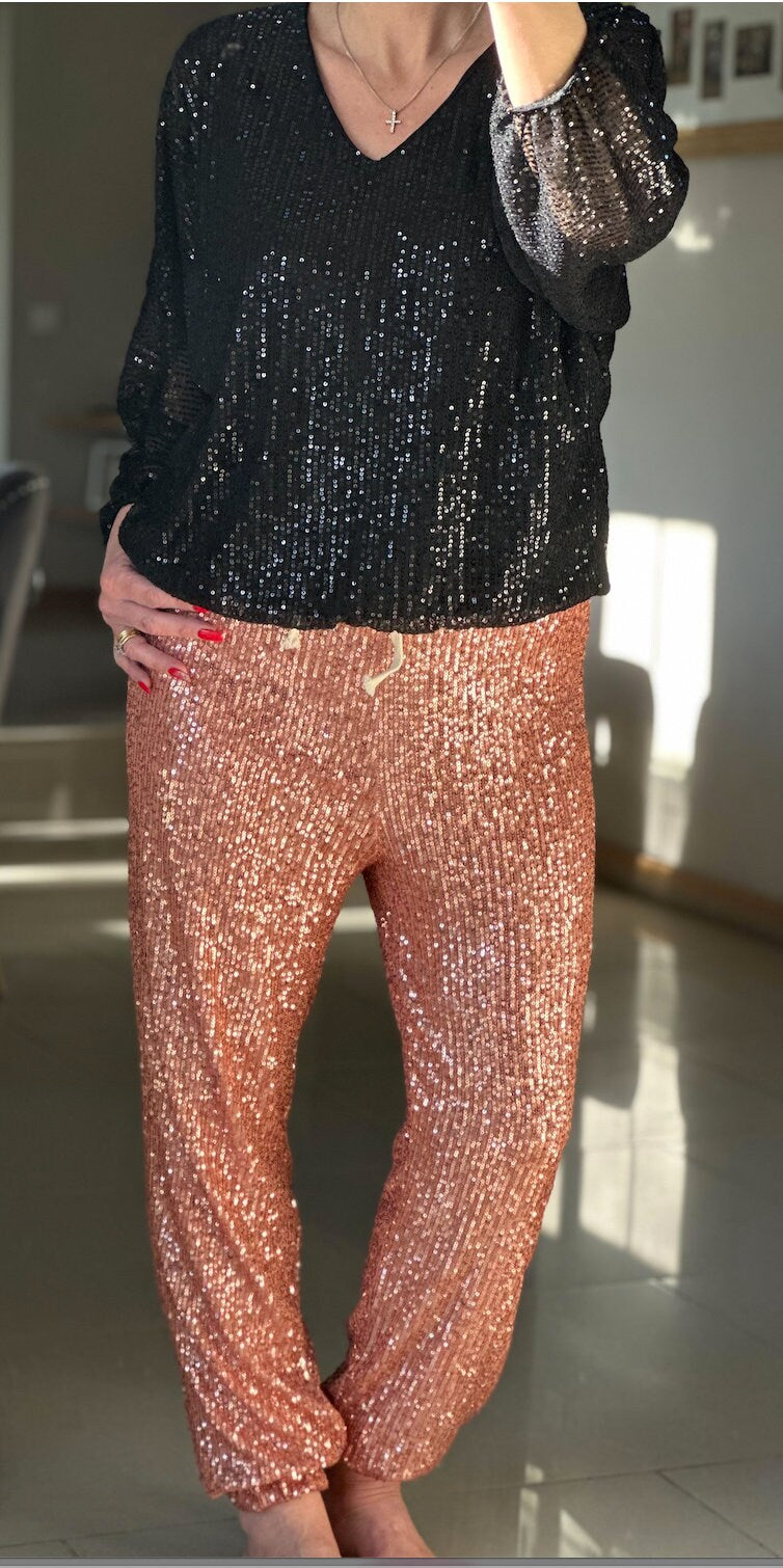 Made in Italy Black Sparkly V Neck Sheer Sleeve Blouse, Top