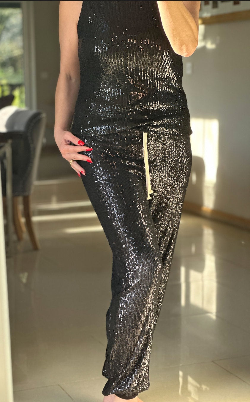 Made in Italy Black Sparkly Sequin Joggers, Trouser, Pants