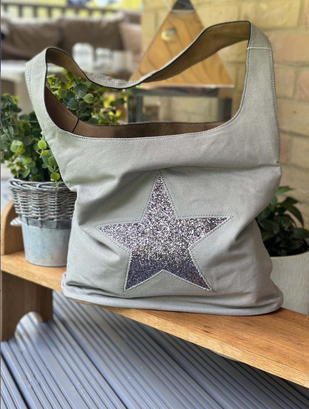 Pale Grey Sparkly Canvas Tote Bag, Shoulder Bag, Handbag, Shopping Bag