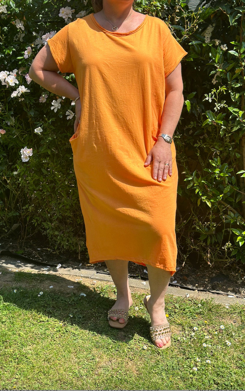 Plus Size Orange Made in Italy Italian Cotton Oversized Jersey Dress, Tunic