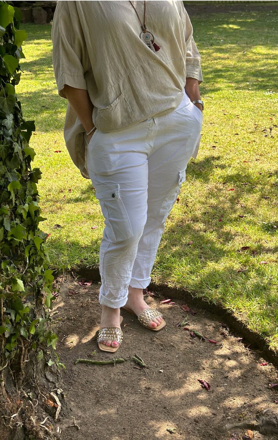 Plus Size Made in Italy White Italian Cargo Magic Trouser, Cargo, Super Stretch