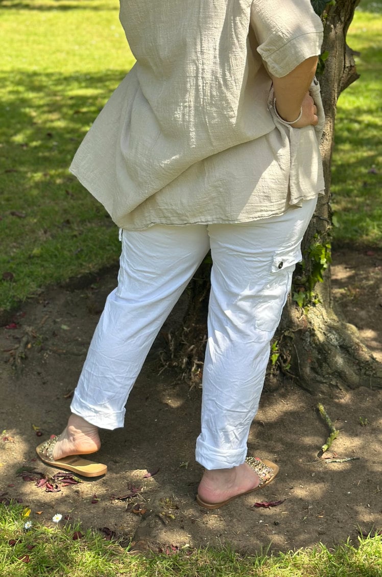 Plus Size Made in Italy White Italian Cargo Magic Trouser, Cargo, Super Stretch