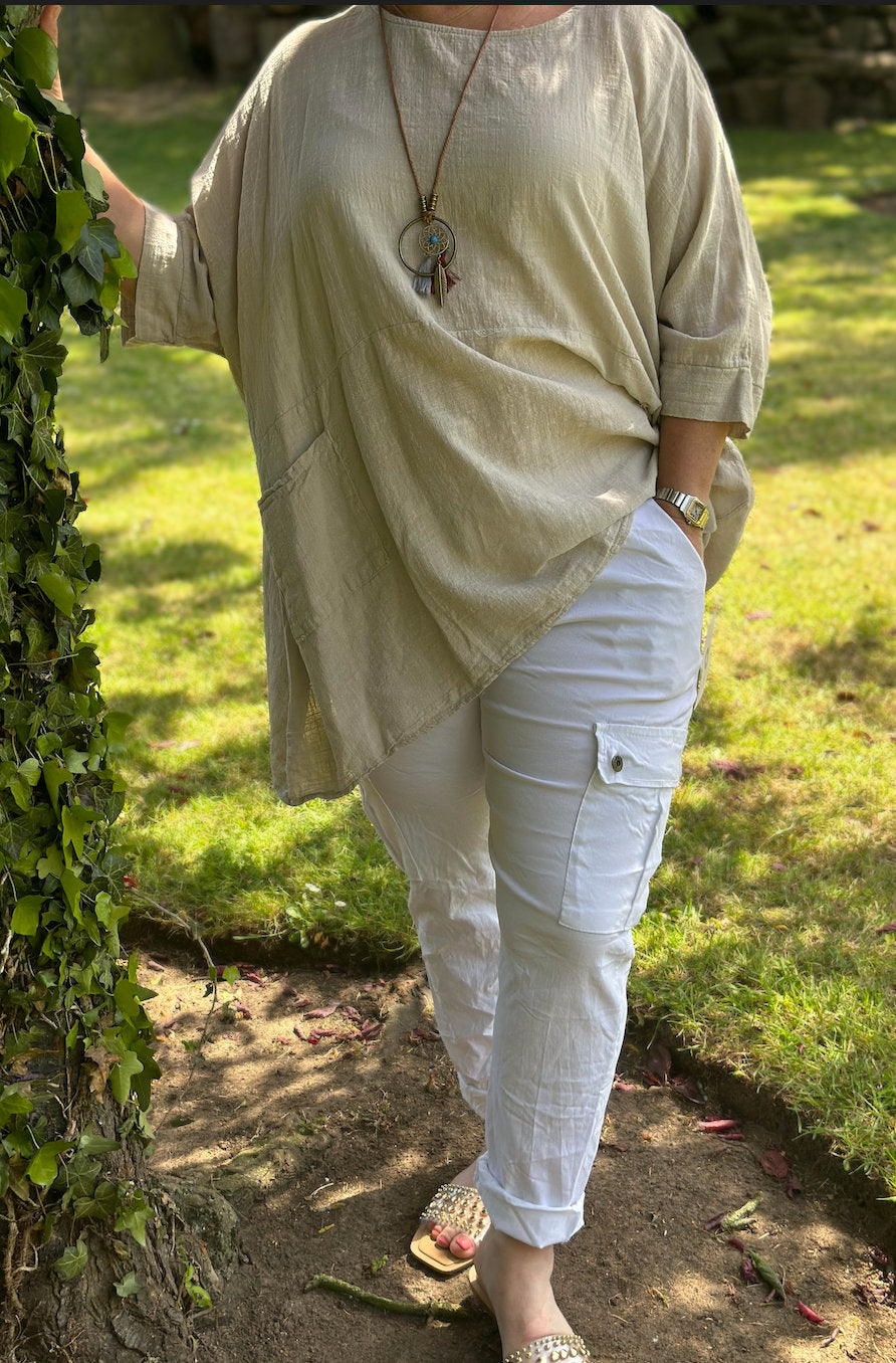 Plus Size Made in Italy White Italian Cargo Magic Trouser, Cargo, Super Stretch