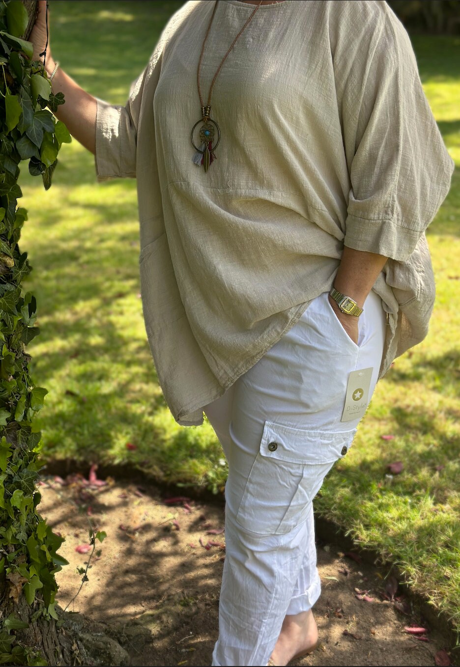 Plus Size Made in Italy White Italian Cargo Magic Trouser, Cargo, Super Stretch
