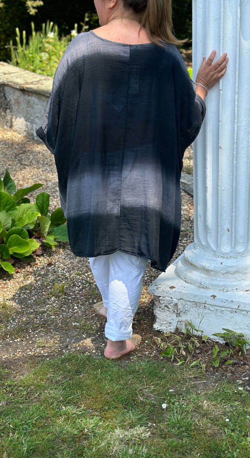 Plus Size Made in Italy Black Italian Cotton Tie Dye Print Boxy Top, Tunic