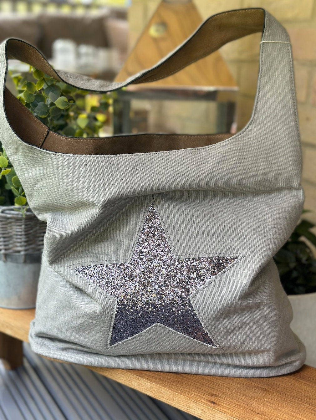 Pale Grey Sparkly Canvas Tote Bag, Shoulder Bag, Handbag, Shopping Bag