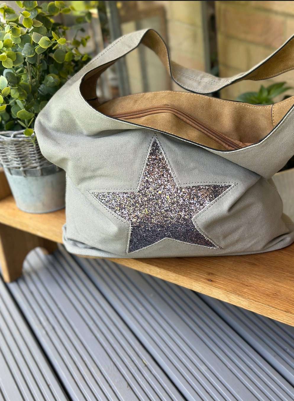 Pale Grey Sparkly Canvas Tote Bag, Shoulder Bag, Handbag, Shopping Bag