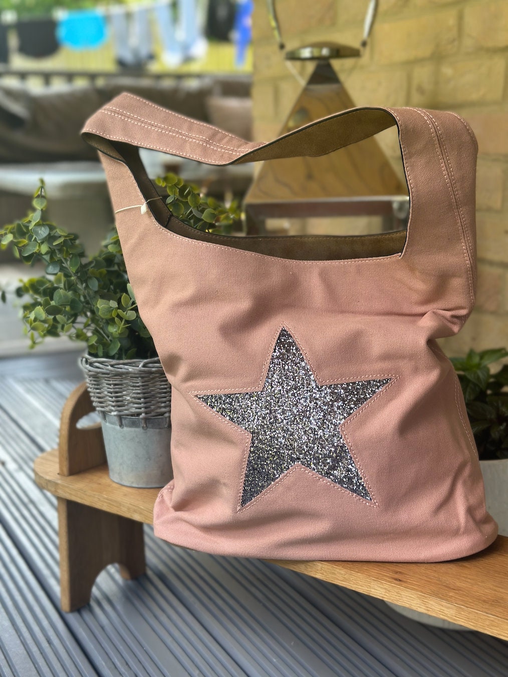 Nude Sparkly Canvas Tote Bag, Shoulder Bag, Handbag, Shopping Bag