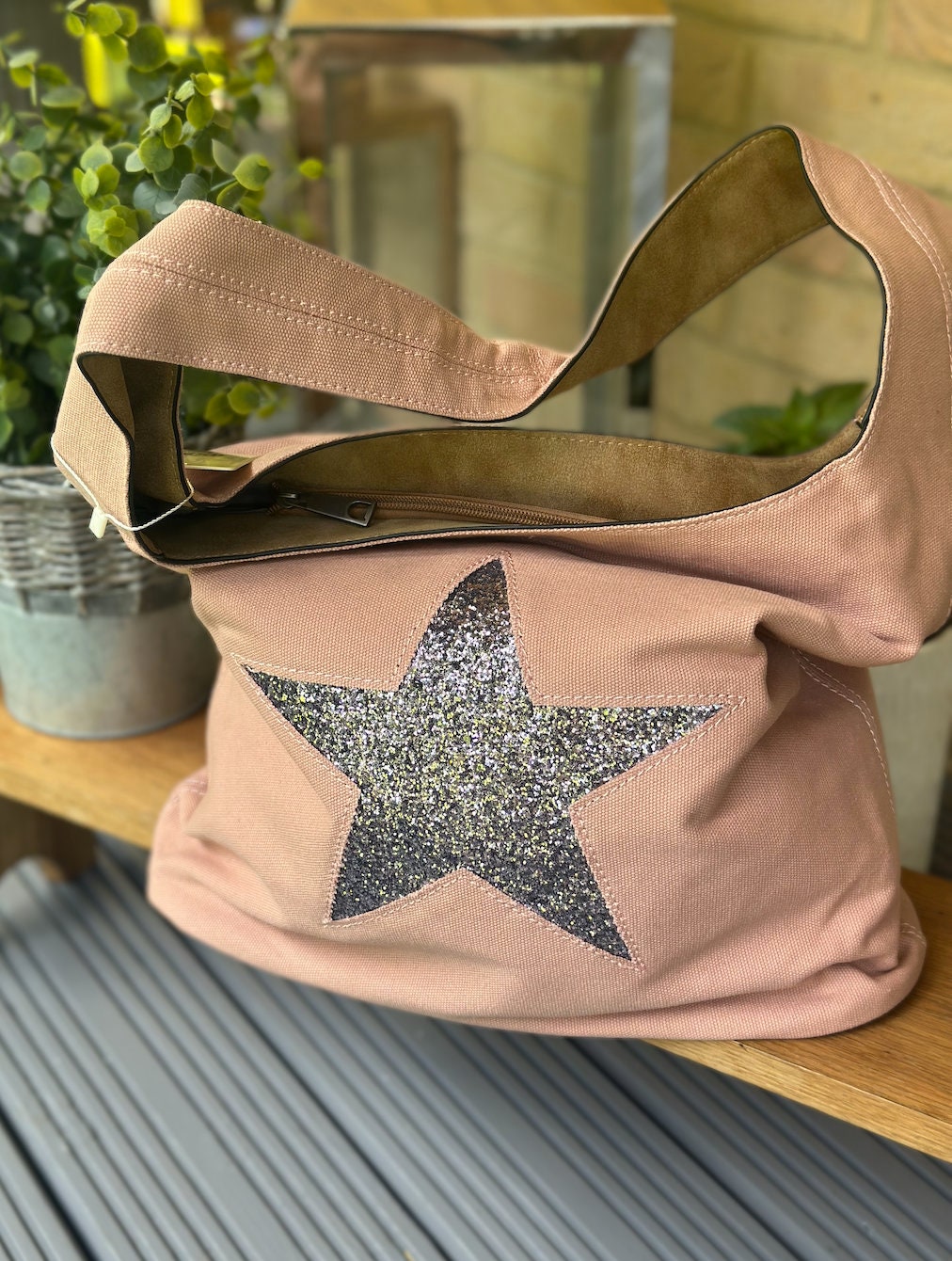 Nude Sparkly Canvas Tote Bag, Shoulder Bag, Handbag, Shopping Bag