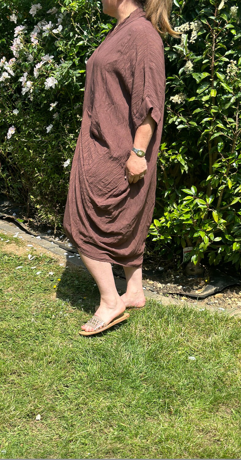 Curve Made in Italy Chocolate Shimmer Deep V Neck Tunic Dress, Beach Cover Up