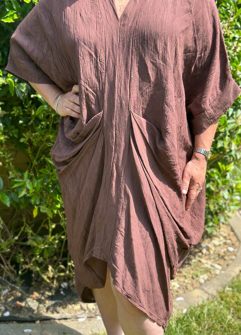 Curve Made in Italy Chocolate Shimmer Deep V Neck Tunic Dress, Beach Cover Up