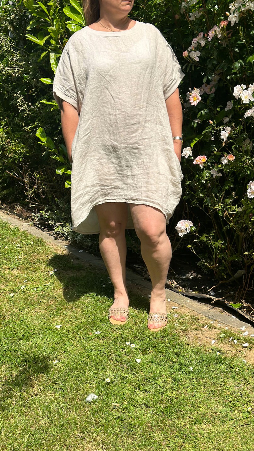 Curve Made in Italy Beige Lagenlook Linen Plain Baggy Tunic Top, Dress