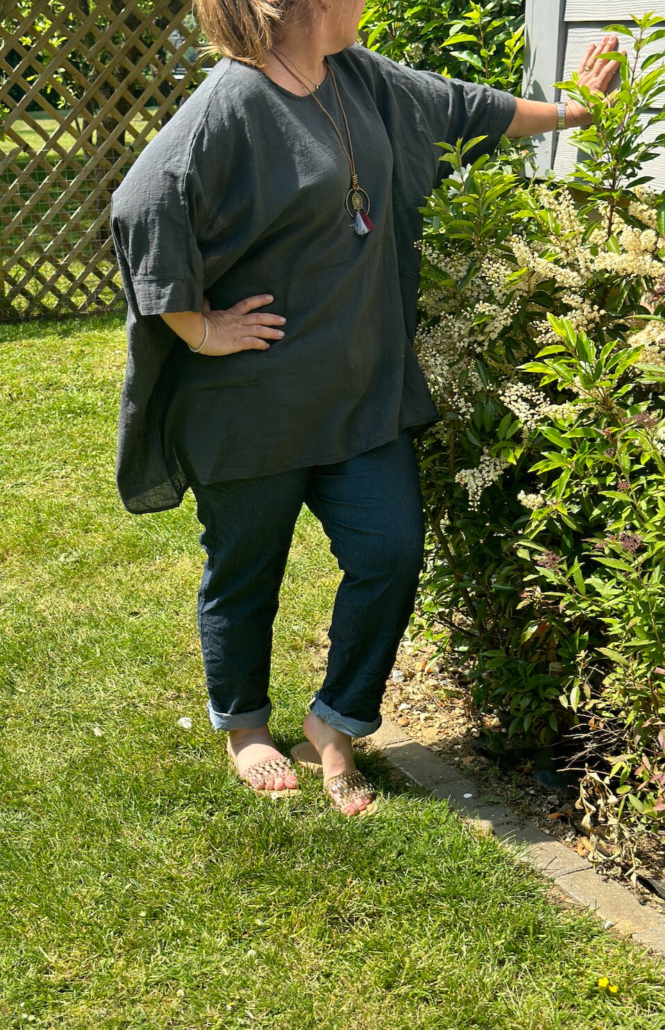Curve Made in Italy Dark Grey Plain Cotton Necklace Batwing Boxy Top, Blouse