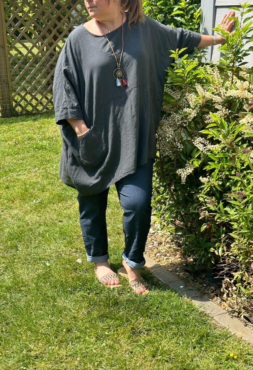 Curve Made in Italy Dark Grey Plain Cotton Necklace Batwing Boxy Top, Blouse