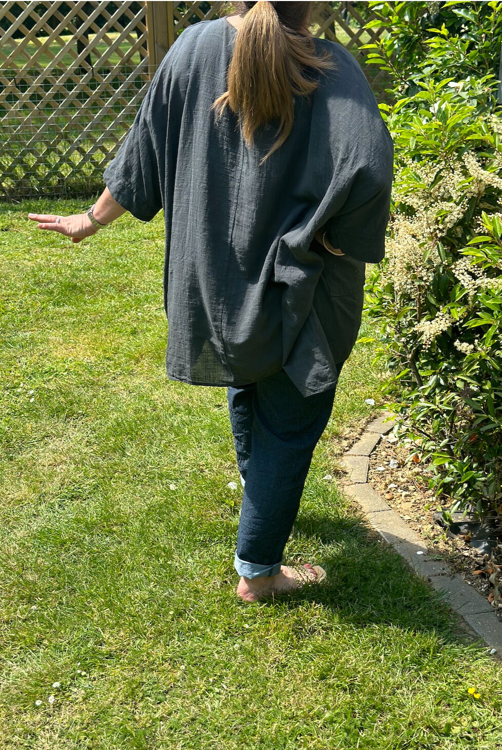 Curve Made in Italy Dark Grey Plain Cotton Necklace Batwing Boxy Top, Blouse