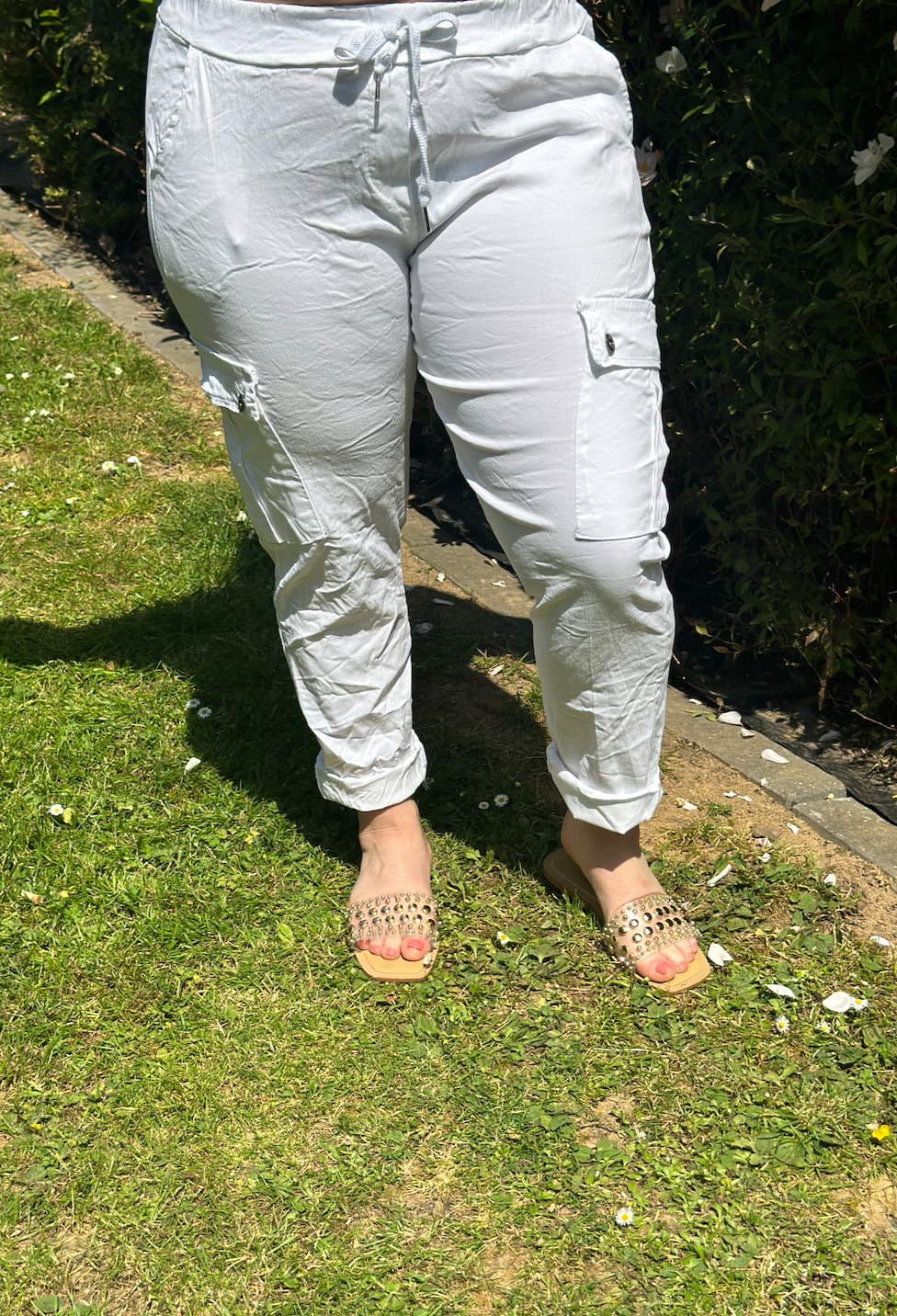 Plus Size Made in Italy White Italian Cargo Magic Trouser, Cargo, Super Stretch