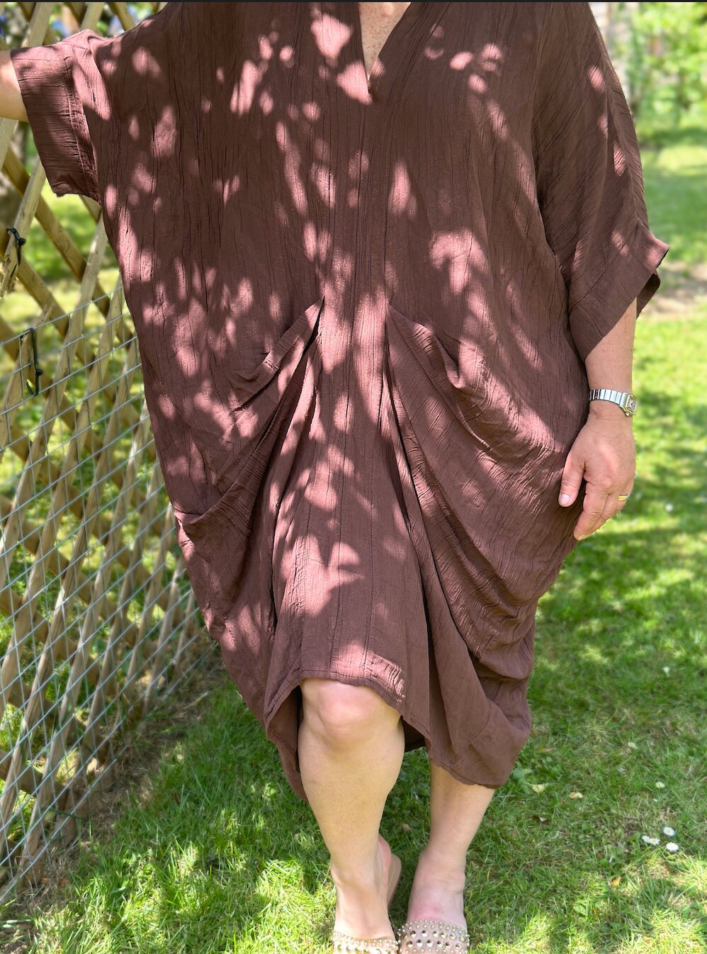 Curve Made in Italy Chocolate Shimmer Deep V Neck Tunic Dress, Beach Cover Up