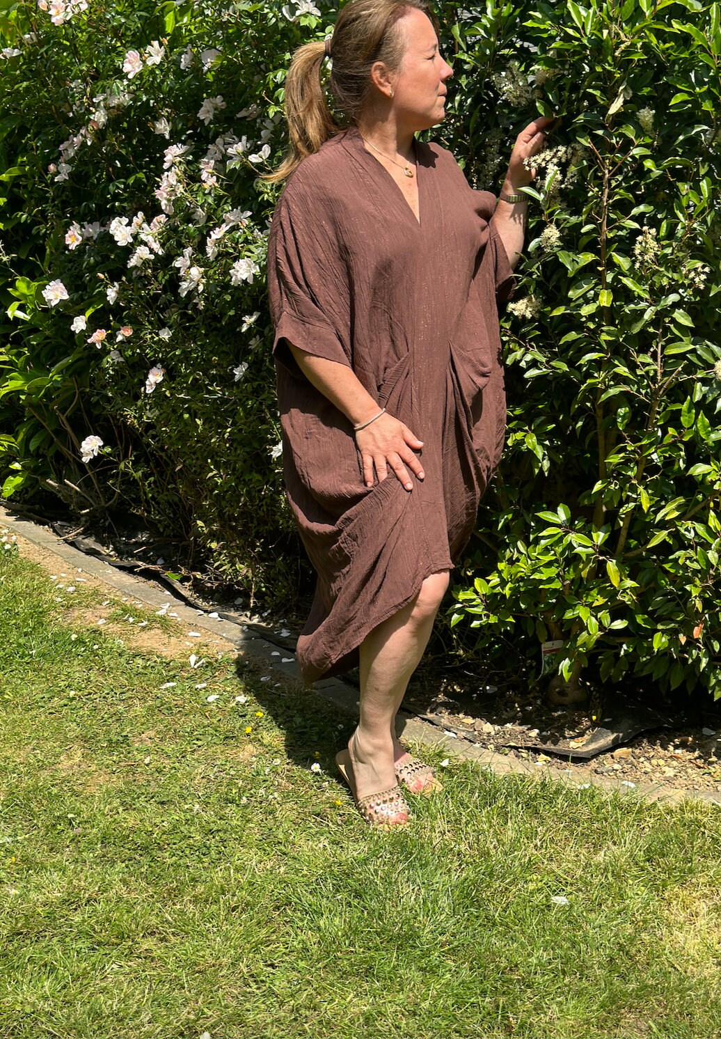 Curve Made in Italy Chocolate Shimmer Deep V Neck Tunic Dress, Beach Cover Up