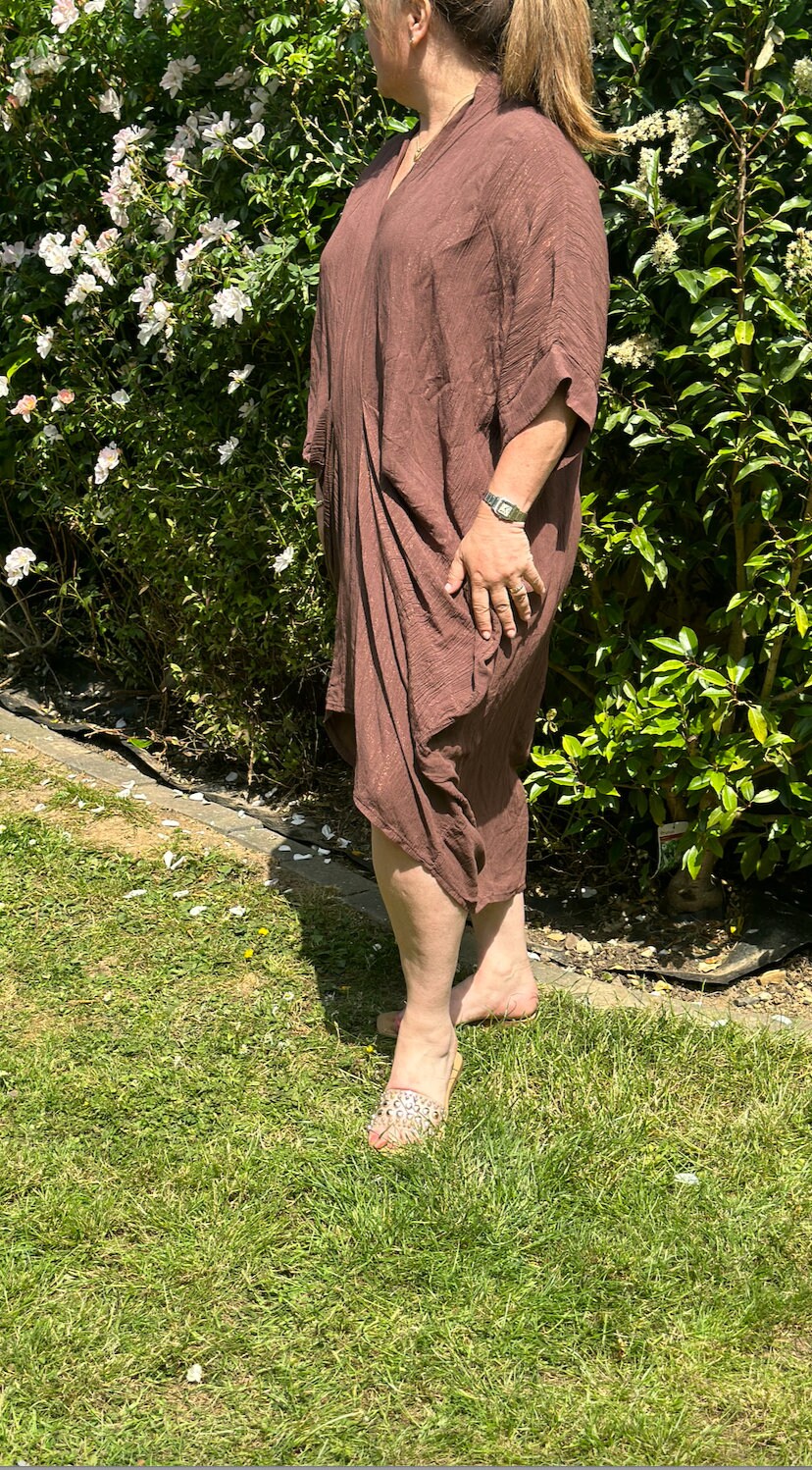Curve Made in Italy Chocolate Shimmer Deep V Neck Tunic Dress, Beach Cover Up