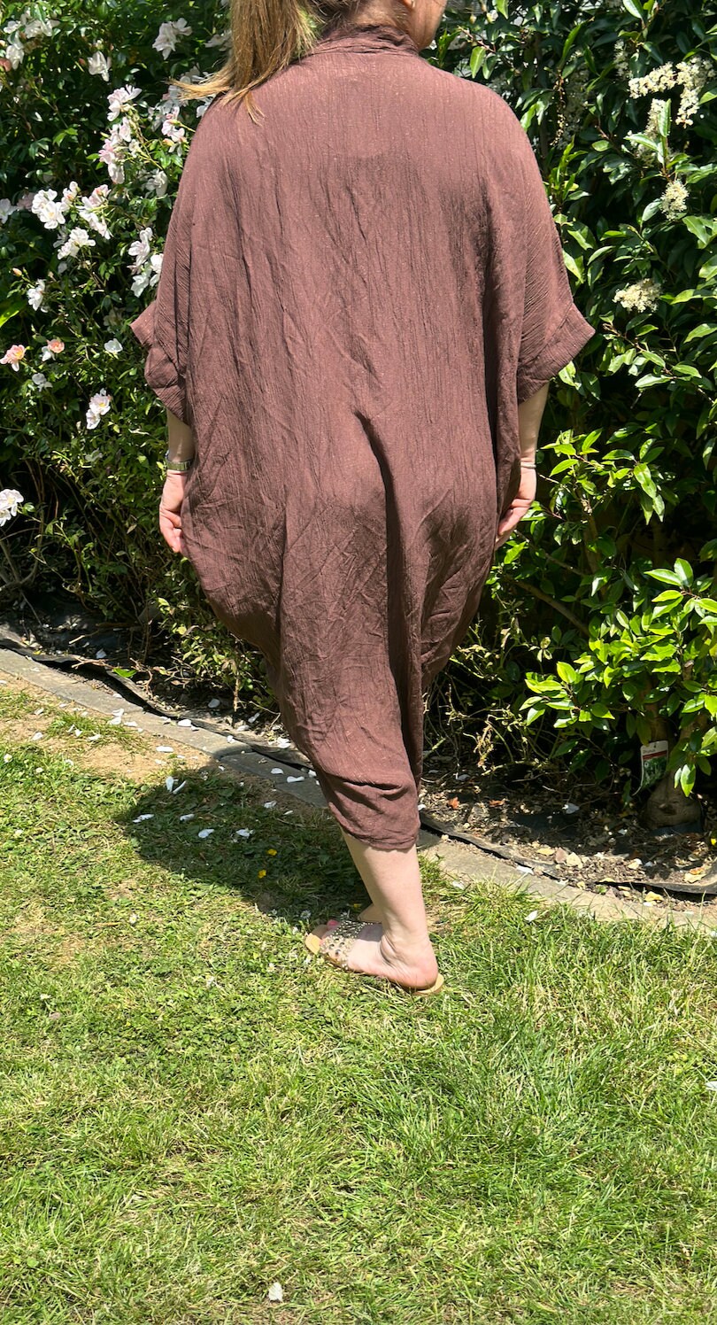 Curve Made in Italy Chocolate Shimmer Deep V Neck Tunic Dress, Beach Cover Up