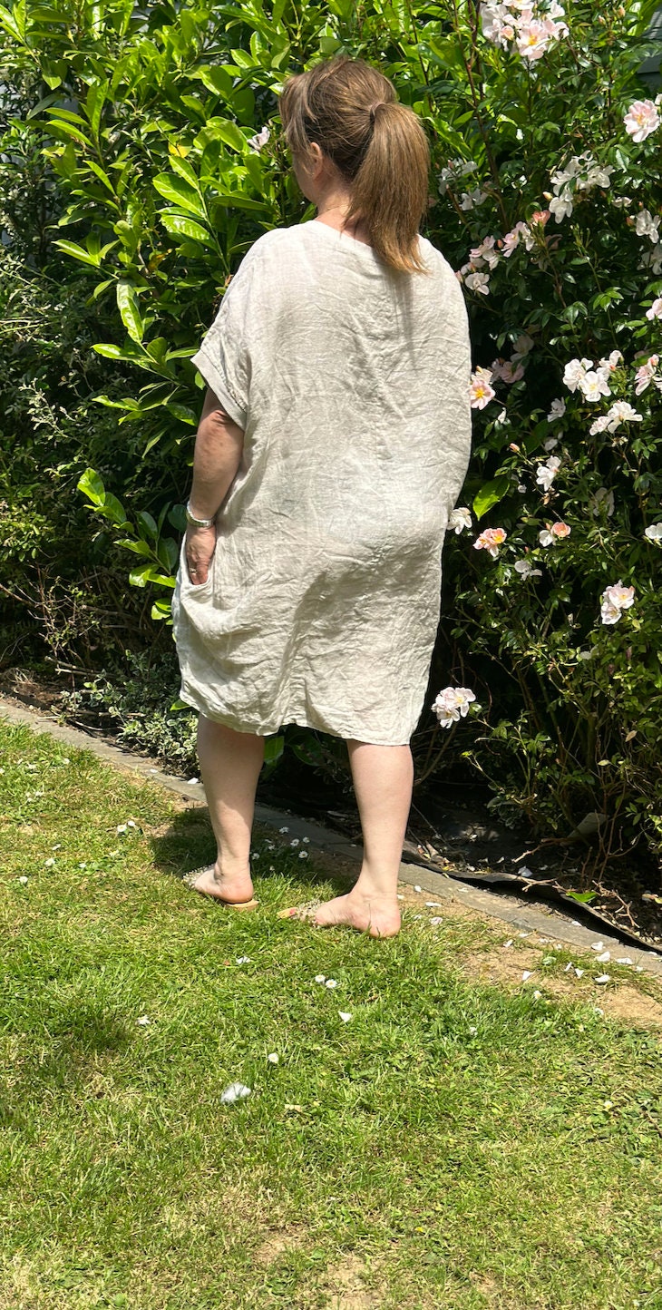 Curve Made in Italy Beige Lagenlook Linen Plain Baggy Tunic Top, Dress
