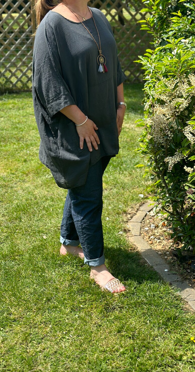 Curve Made in Italy Dark Grey Plain Cotton Necklace Batwing Boxy Top, Blouse