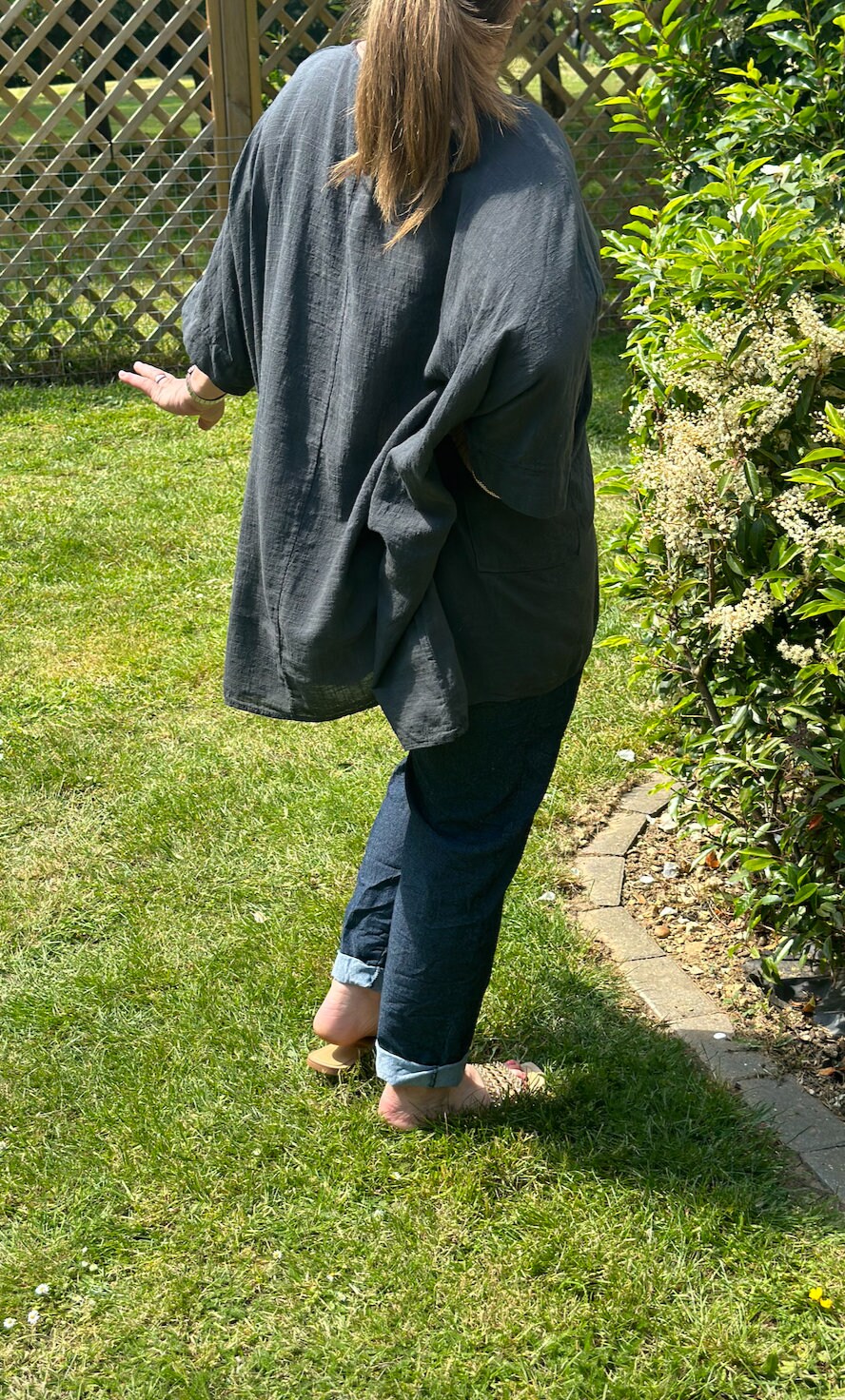 Curve Made in Italy Dark Grey Plain Cotton Necklace Batwing Boxy Top, Blouse