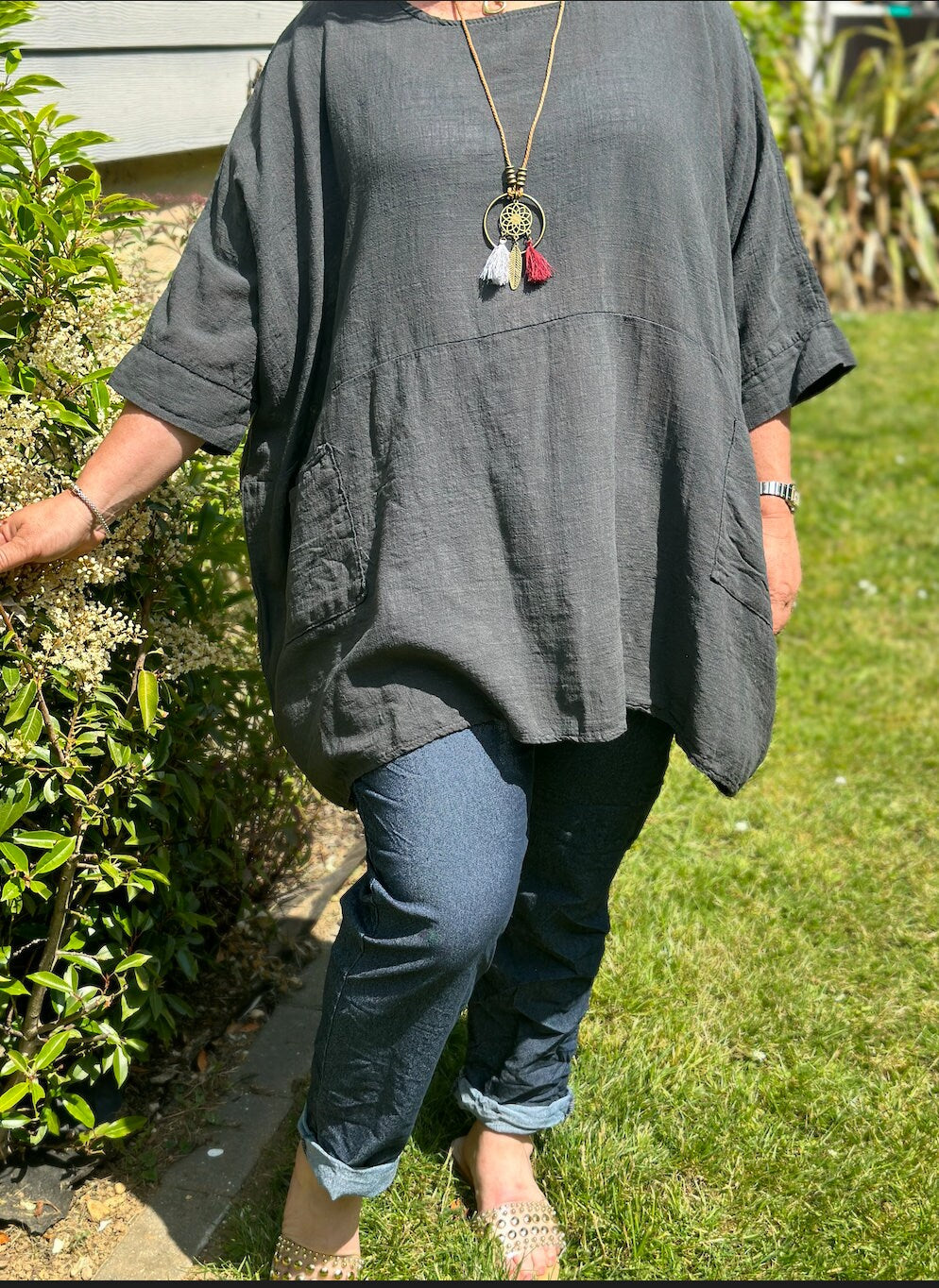 Curve Made in Italy Dark Grey Plain Cotton Necklace Batwing Boxy Top, Blouse