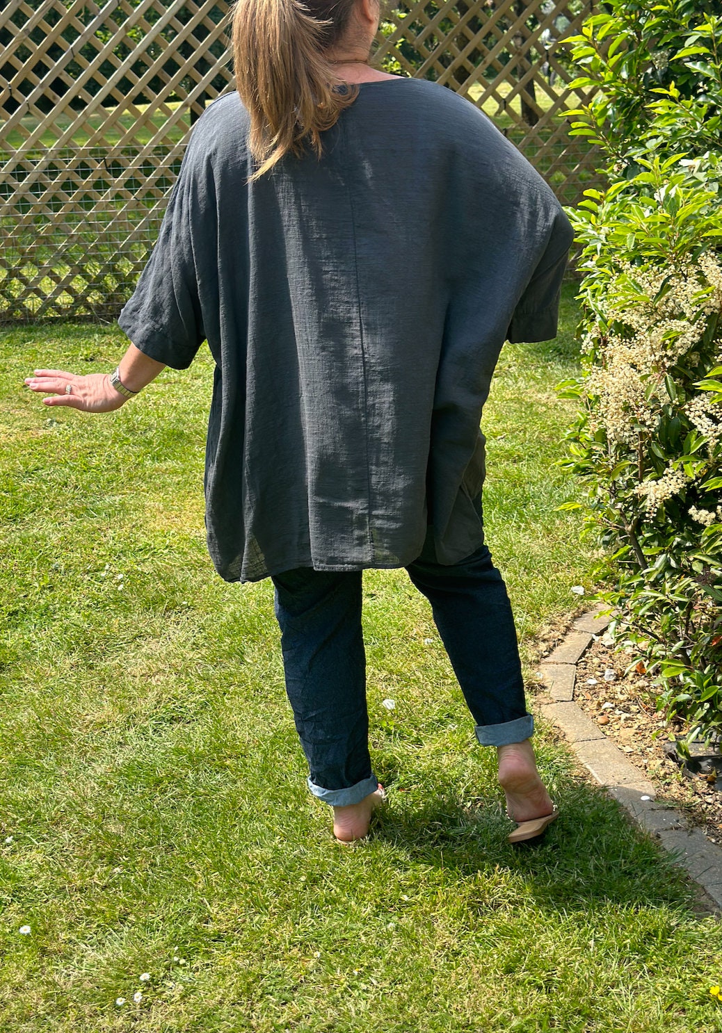 Curve Made in Italy Dark Grey Plain Cotton Necklace Batwing Boxy Top, Blouse