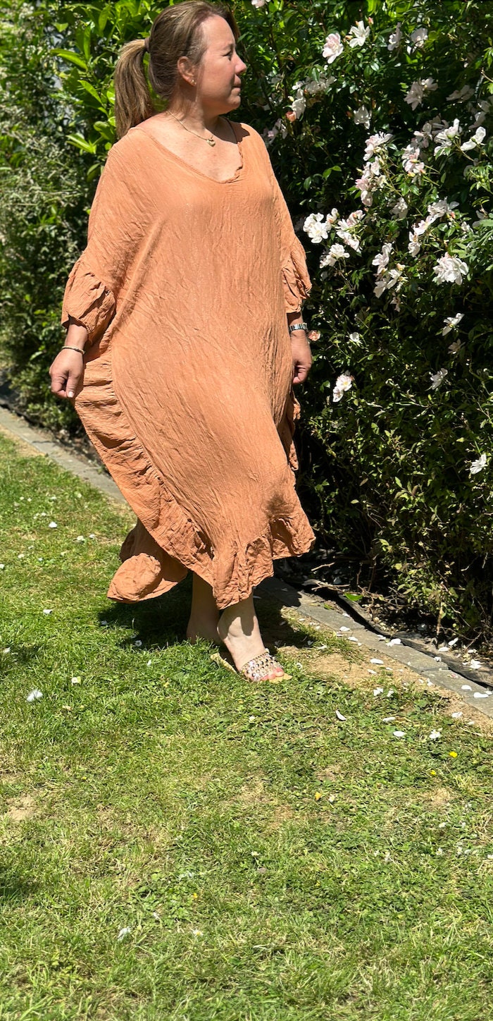 Plus Size Made in Italy Rust Glitter Side Frill Maxi Dress, Dress