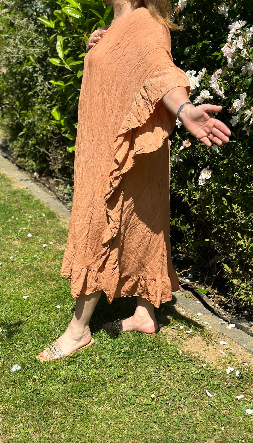 Plus Size Made in Italy Rust Glitter Side Frill Maxi Dress, Dress