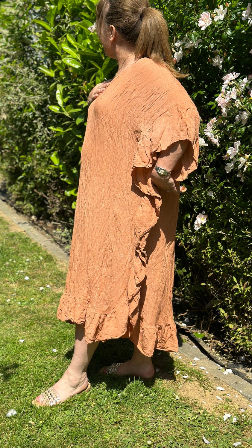 Plus Size Made in Italy Rust Glitter Side Frill Maxi Dress, Dress
