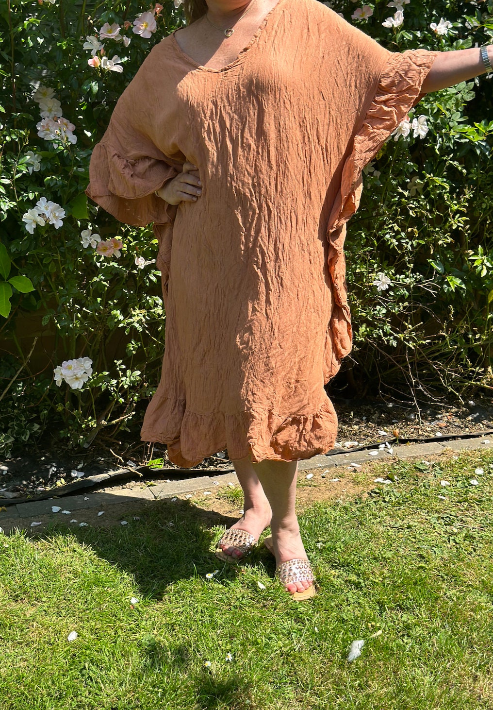 Plus Size Made in Italy Rust Glitter Side Frill Maxi Dress, Dress