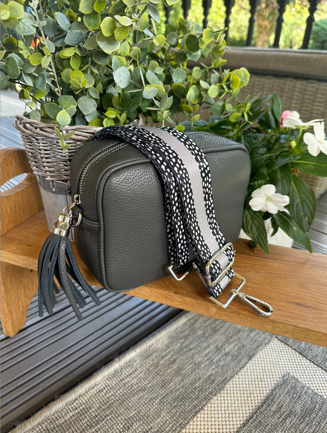 Made in Italy Dark Grey Side Tassel Leather Camera Bag Crossbody Bag Handbag Crossbody Strap