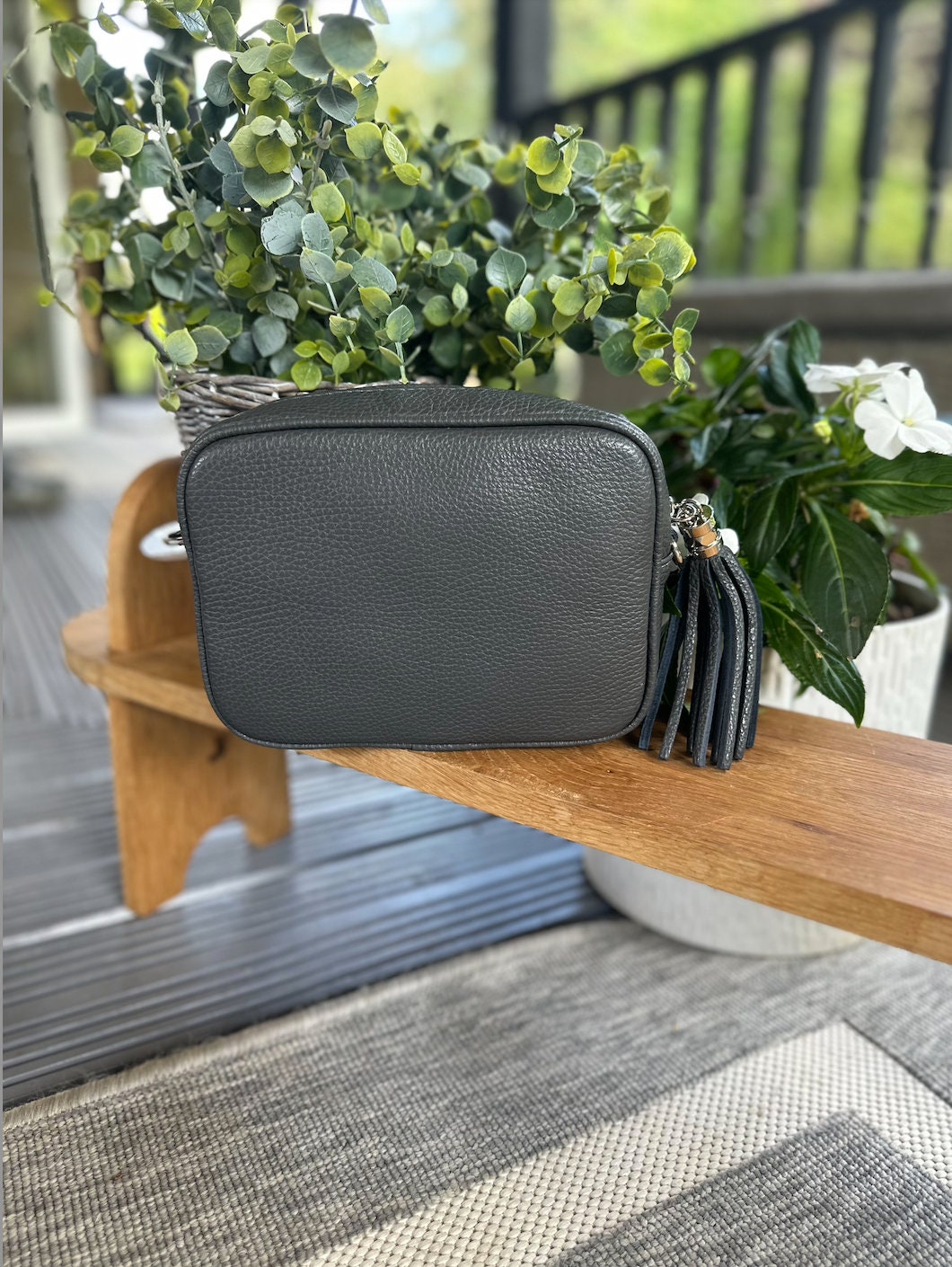 Made in Italy Dark Grey Side Tassel Leather Camera Bag Crossbody Bag Handbag Crossbody Strap