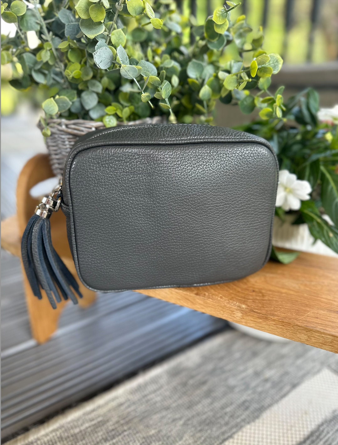 Made in Italy Dark Grey Side Tassel Leather Camera Bag Crossbody Bag Handbag Crossbody Strap
