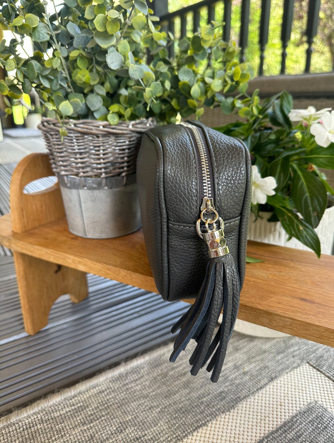 Made in Italy Dark Grey Side Tassel Leather Camera Bag Crossbody Bag Handbag Crossbody Strap
