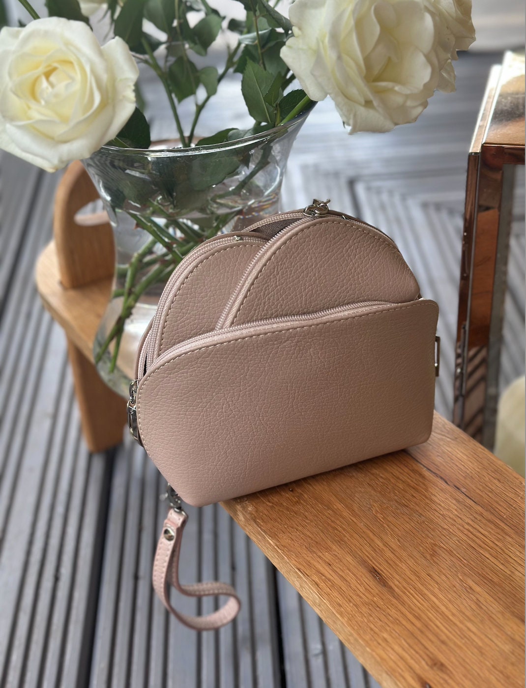 Made in Italy Nude Set of 3 Leather Purses, Makeup Bags