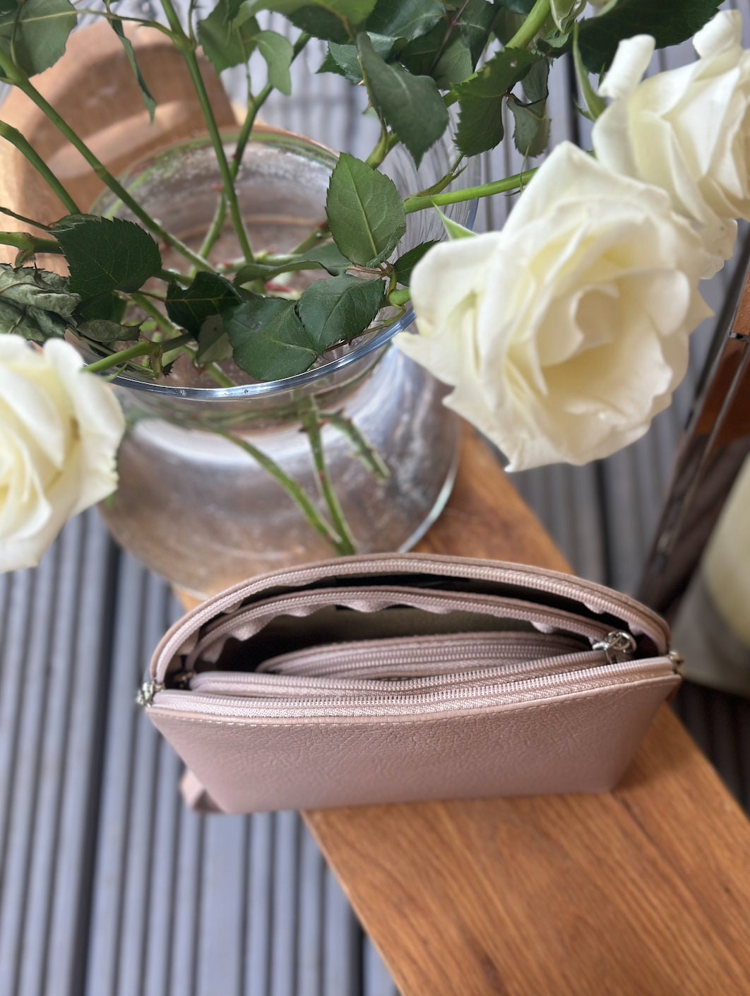 Made in Italy Nude Set of 3 Leather Purses, Makeup Bags