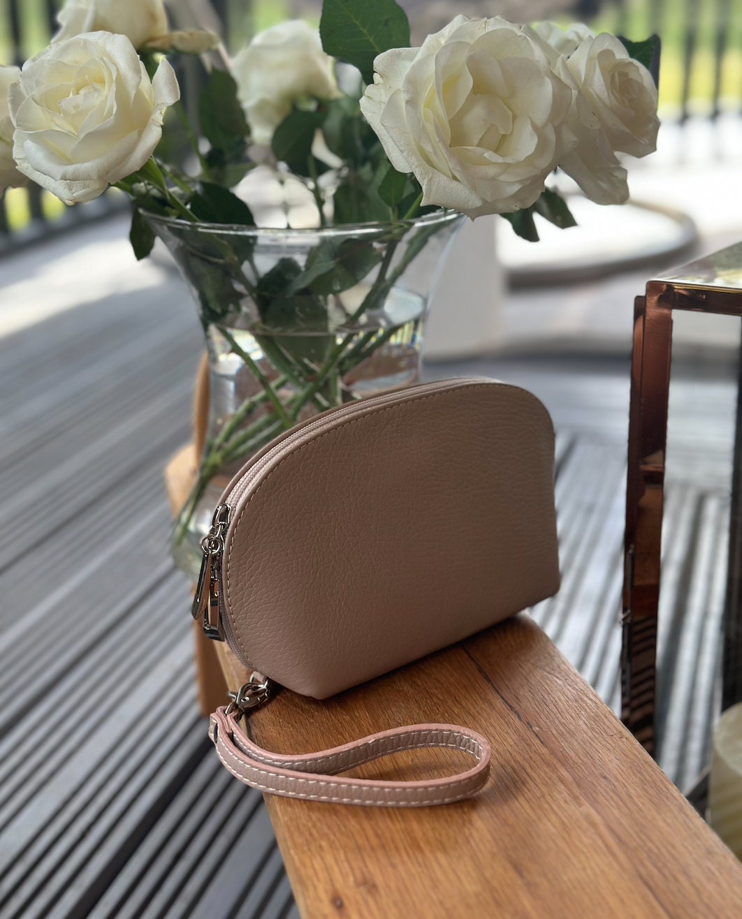 Made in Italy Nude Set of 3 Leather Purses, Makeup Bags