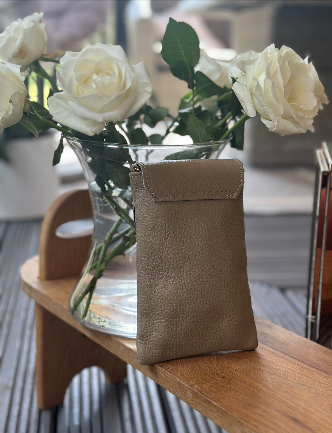 Made in Italy Dark Beige Leather Phone Bag, Phone Crossbody, Phone Pouch, Bee Phone Bag,