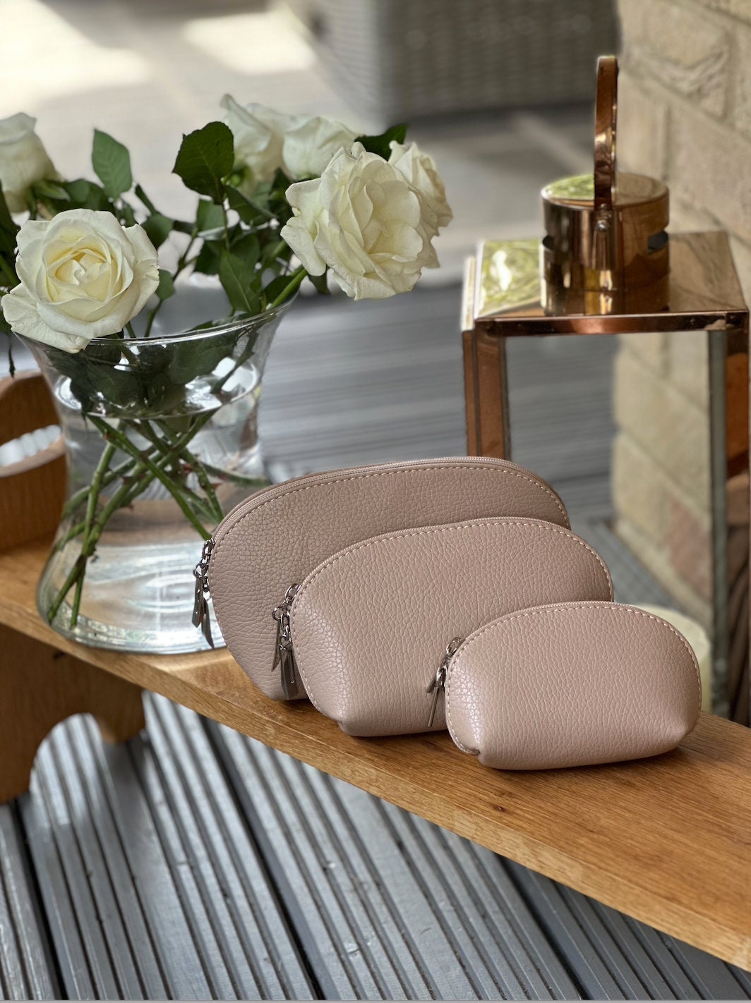 Made in Italy Nude Set of 3 Leather Purses, Makeup Bags