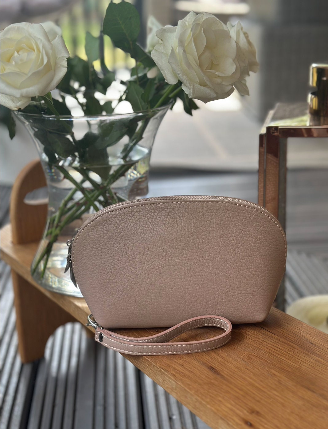 Made in Italy Nude Set of 3 Leather Purses, Makeup Bags