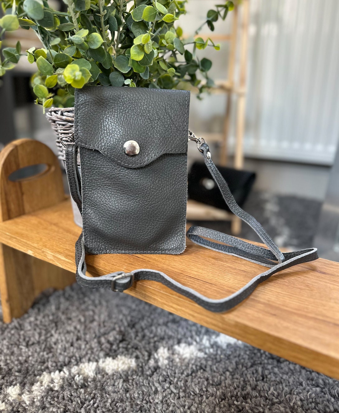 Grey/Tan Genuine Leather Crossbody Phone Bag Minimalist Shoulder Bag Gift For Her Women Handbag Women Purse Italian Leather Bag