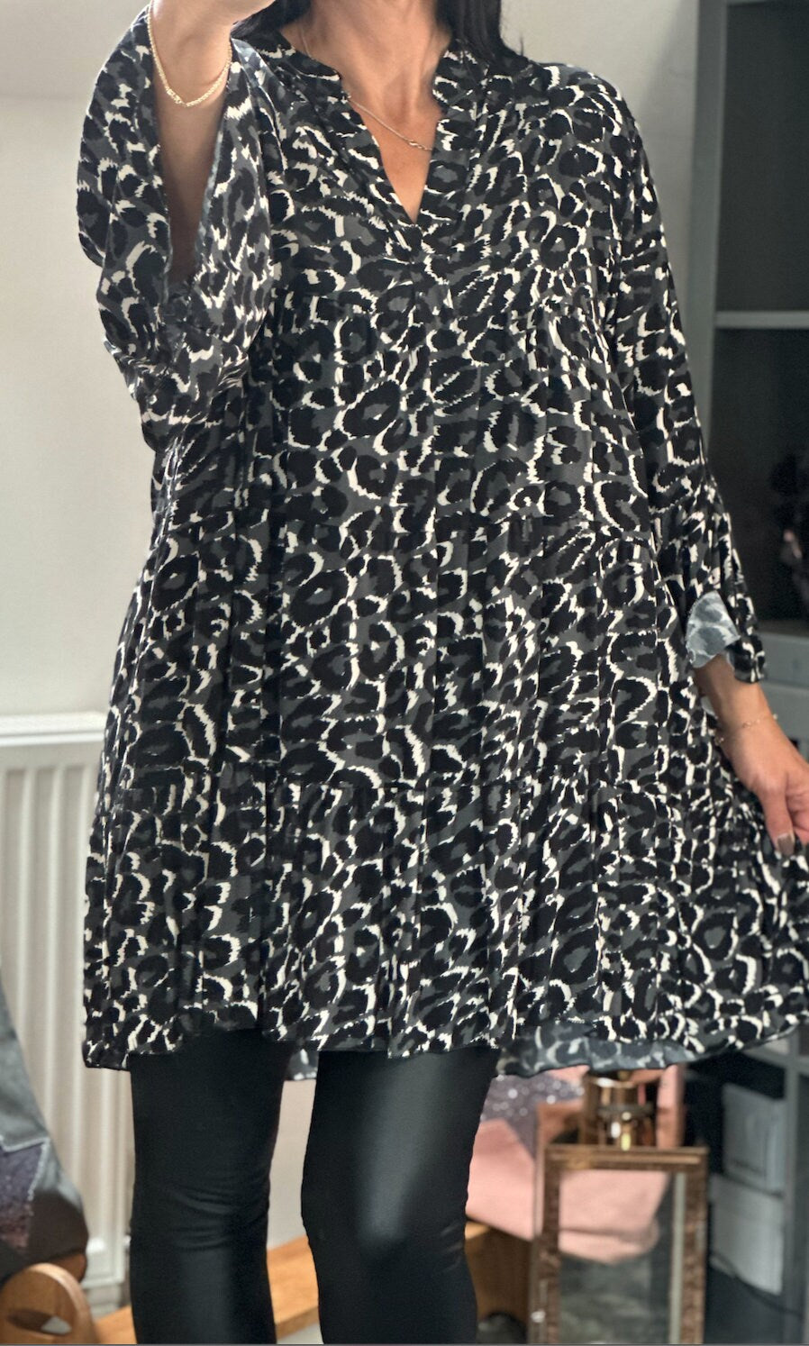 Made in Italy Black Animal Print Smock Dress, Shirt, Tiered Dress