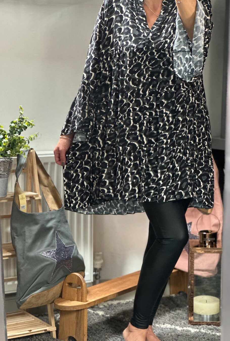 Made in Italy Black Animal Print Smock Dress, Shirt, Tiered Dress
