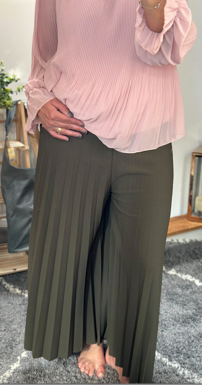 Made in Italy Khaki Culottes Wide Leg Chinos Pants Trousers, Mid Waist, Pleated Ankle-Length Comfort Plain