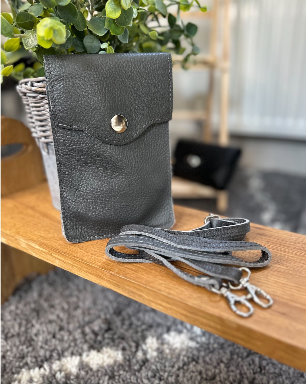 Grey/Tan Genuine Leather Crossbody Phone Bag Minimalist Shoulder Bag Gift For Her Women Handbag Women Purse Italian Leather Bag