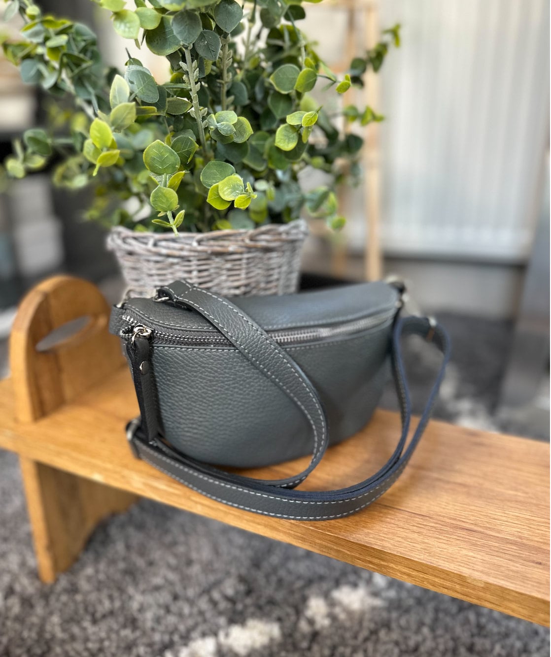 Made in Italy Grey Italian Leather Hip Bag Bum Bag Small Crossbody Bag